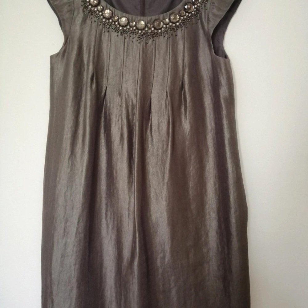 Next Metallic Gray Dress with Embellished Neckline